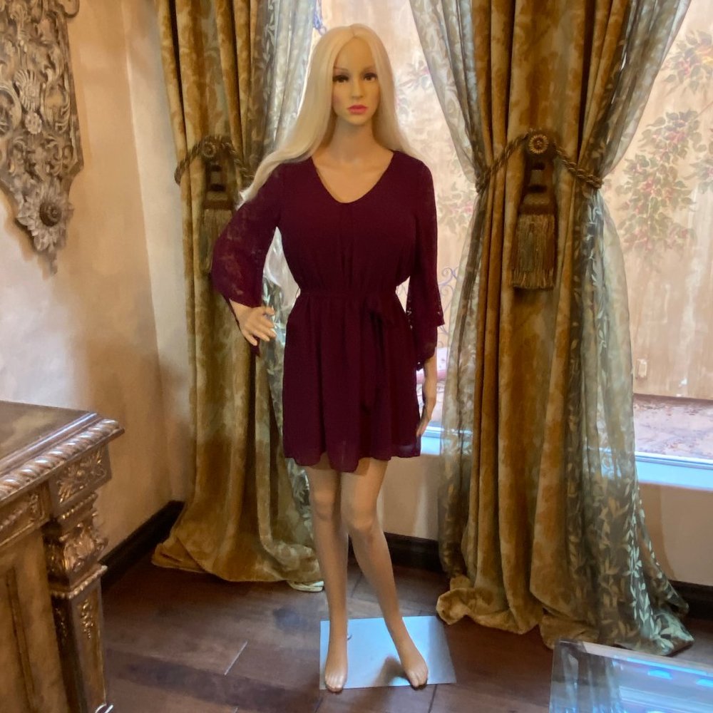 Burgandy Fit & Flare Dress with Lace Sleeves